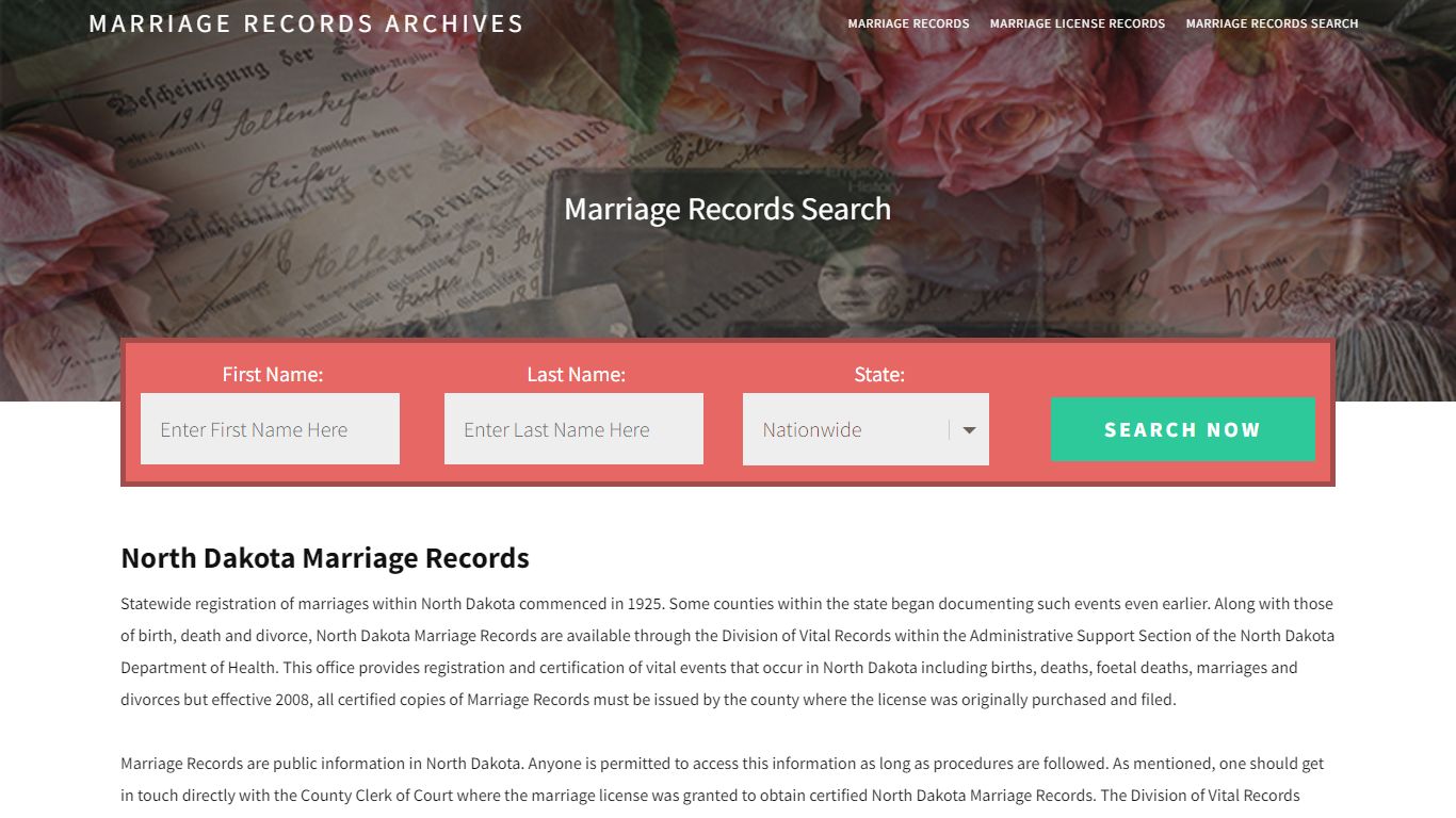 North Dakota Marriage Records - Enter Name and Search