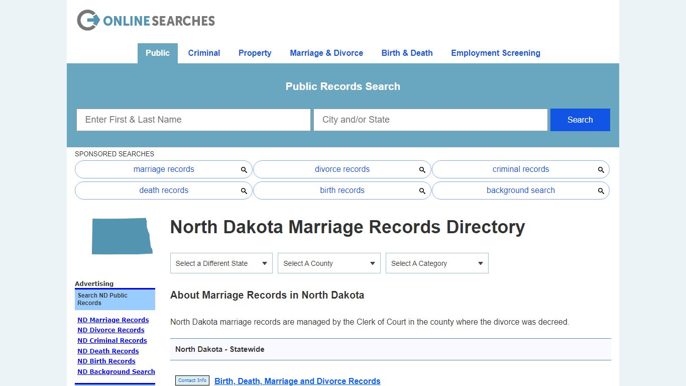 North Dakota Marriage Records Search Directory - OnlineSearches.com